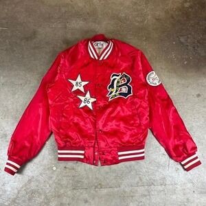 Vintage 80s Chalk Line Satin‎ Varsity Jacket Red Beaverton Little League Small